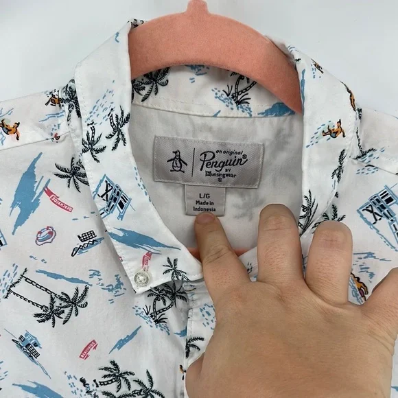 Original Penguin White&Blue Surfer&Beach Design Casual Button Down Shirt Sz Lg - Picture 6 of 11